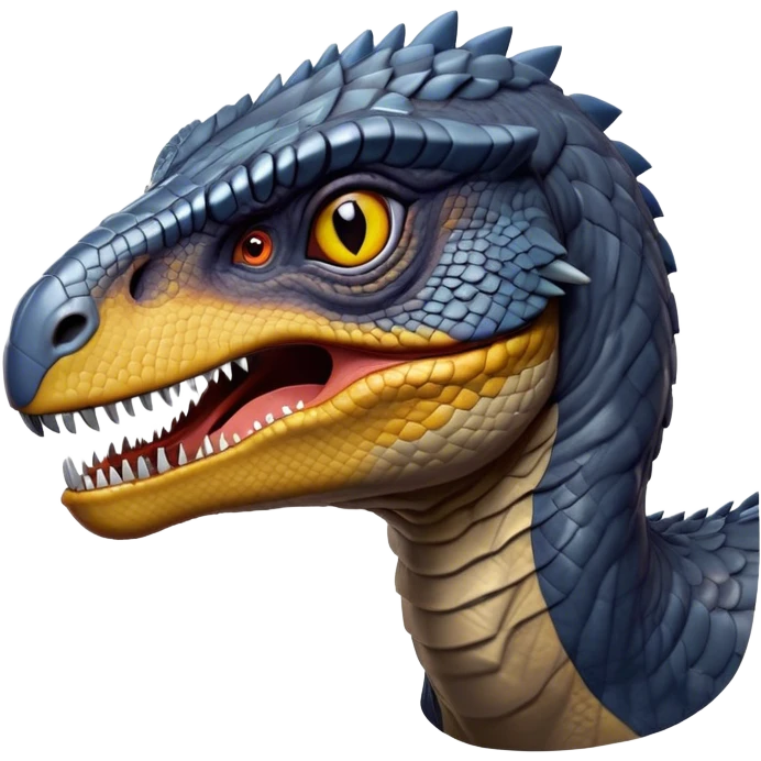 Cinematic Noble Jurassic Velociraptor Portrait Emoji, Poised and menacing, with a sleek, muscular build clad in dark, scaly skin reminiscent of Jurassic Park’s iconic raptor, a sharply curved snout and piercing, intelligent eyes that exude predatory cunning, Simplified yet boldly defined features, highly detailed, glowing with a cool, ominous radiance, high shine, intelligent and relentless, stylized with an air of cinematic prehistoric authority, focused and alert, soft glowing outline, capturing the essence of a watchful and confident Jurassic Velociraptor that appears ready to dash out of the screen with effortless power! emoji