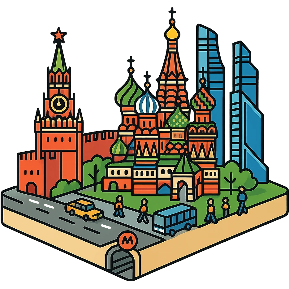 Изометричная миниатюрная 3D модель Москвы на подставке - фотореалистичный Кремль, собор Василия Блаженного, фотореалистичный Башни Москва-Сити, аккуратная детализация, четкие линии, яркие цвета, мультяшный реализм, гуляют люди и современный автотранспорт и метро, компактная композиция, вид сверху в изометрии, прозрачный фон emoji