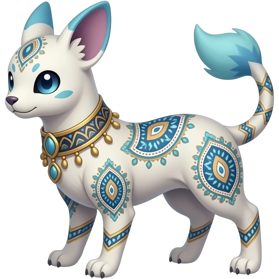 Damask-paisley-patterned ancient Short-legged quadrupedal elegant oriental feral painted Absol-Glaceon-Sylveon-animal-Fakémon-fusion-hybrid-creature emoji