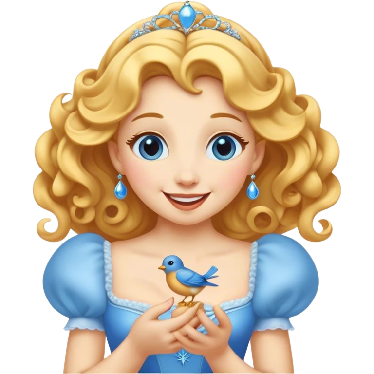 Cinematic Adorable Cinderella Portrait Emoji, Giggling softly while holding a tiny bluebird, golden curls bouncing, eyes sparkling with joy, wrapped in a soft golden glow, exuding warmth and charm, an irresistible blend of beauty and playfulness! emoji