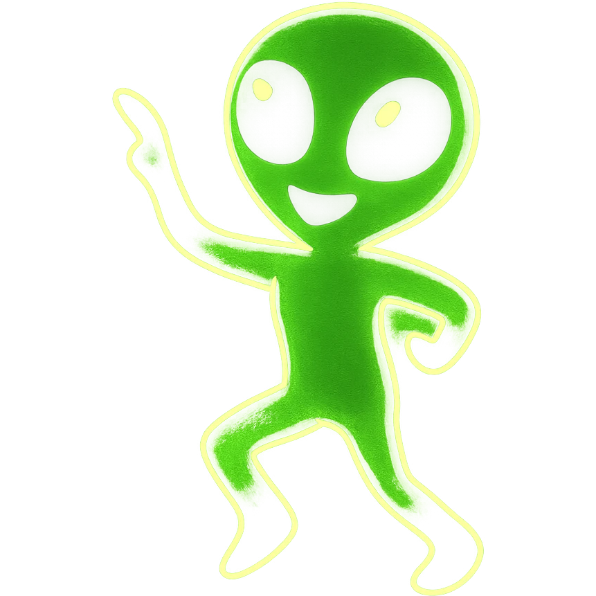An alien dancing in neon green with an animated style and glowing outline, in a different pose. Highlight the glowing contour and animated neon green effect. emoji