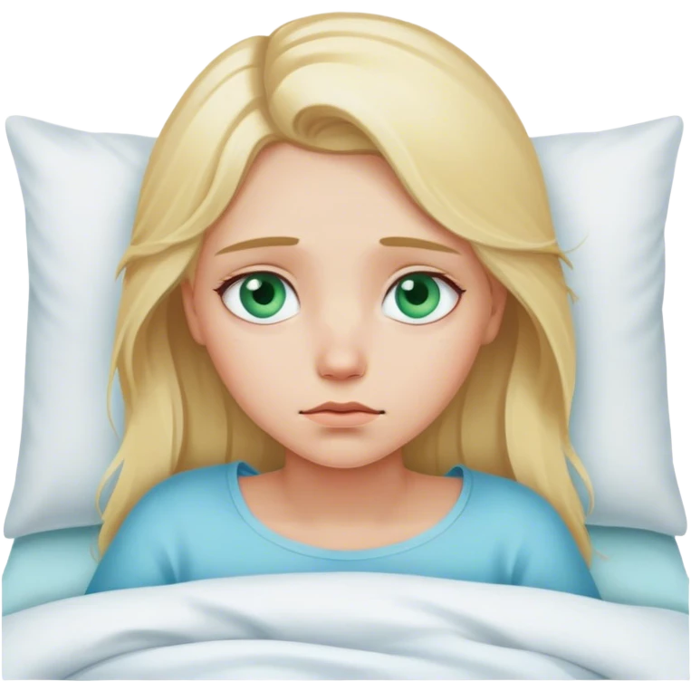Sad blonde girl bluey green eyes in bed emoji