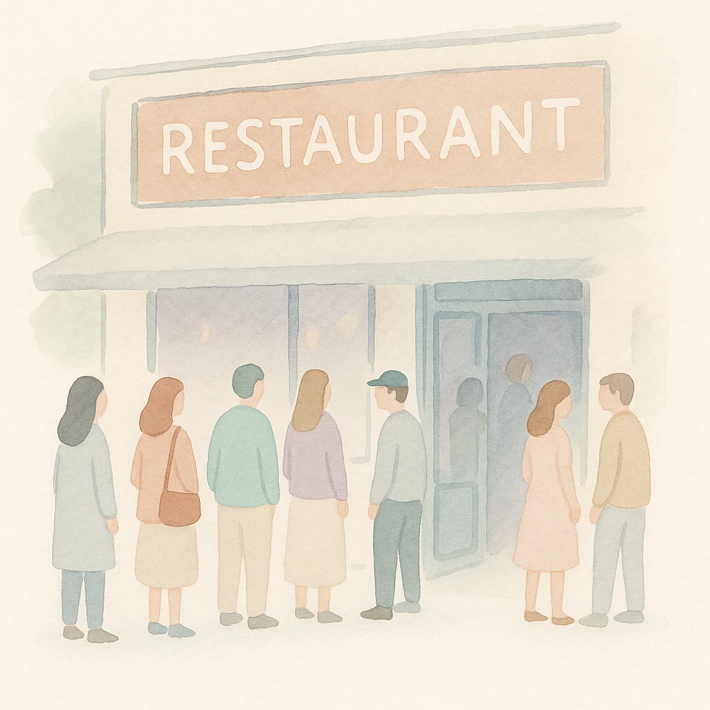 soft watercolor illustration in a minimalist, modern style, crowded popular restaurant exterior with people waiting in line, prominent sign, pastel colors, delicate linework, gentle whimsical mood, minimal soft shading emoji