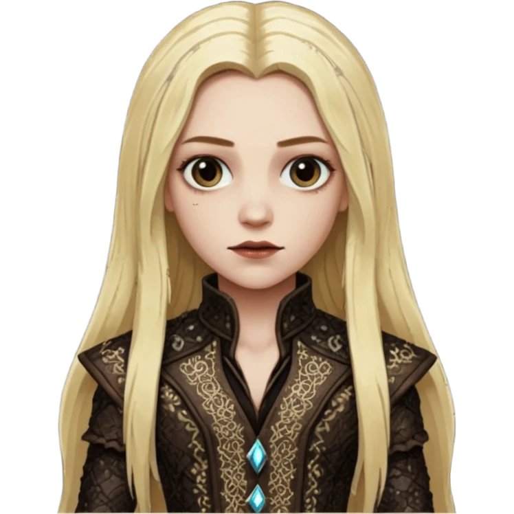 Igor from Van Helsing with long blonde hair, dark brown sequin outfit emoji