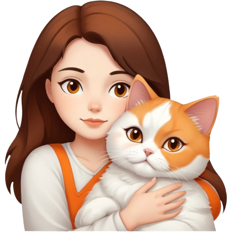 Brunette girl snuggling white orange Persian cat emoji to use or share on Discord and Slack. emoji