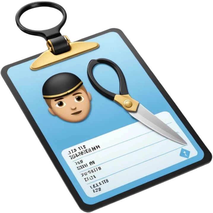Floating black Scissors cutting in half a light blue idf soldier ID card with golden chip in 2 parts .hyper realistic emoji