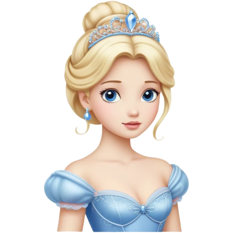 Cinematic Realistic Cinderella Portrait, depicted with lifelike porcelain skin, elegantly styled blonde hair, and a serene, graceful expression. Dressed in her classic ball gown with intricately detailed fabric textures and delicate pastel hues that catch soft, natural lighting, this portrait captures the timeless beauty of a fairy tale princess. emoji