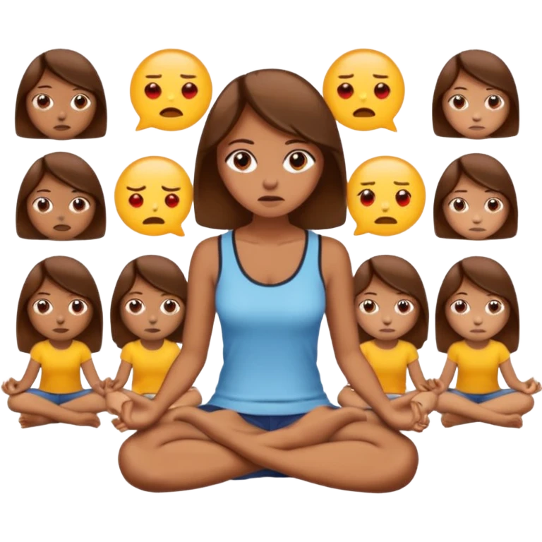 upset woman with brown hair sitting cross-legged in profile, ignoring others, emoji style emoji