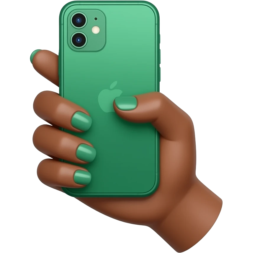 A delicate brown skinned female hand with emerald green nails holds an emerald green smartphone emoji