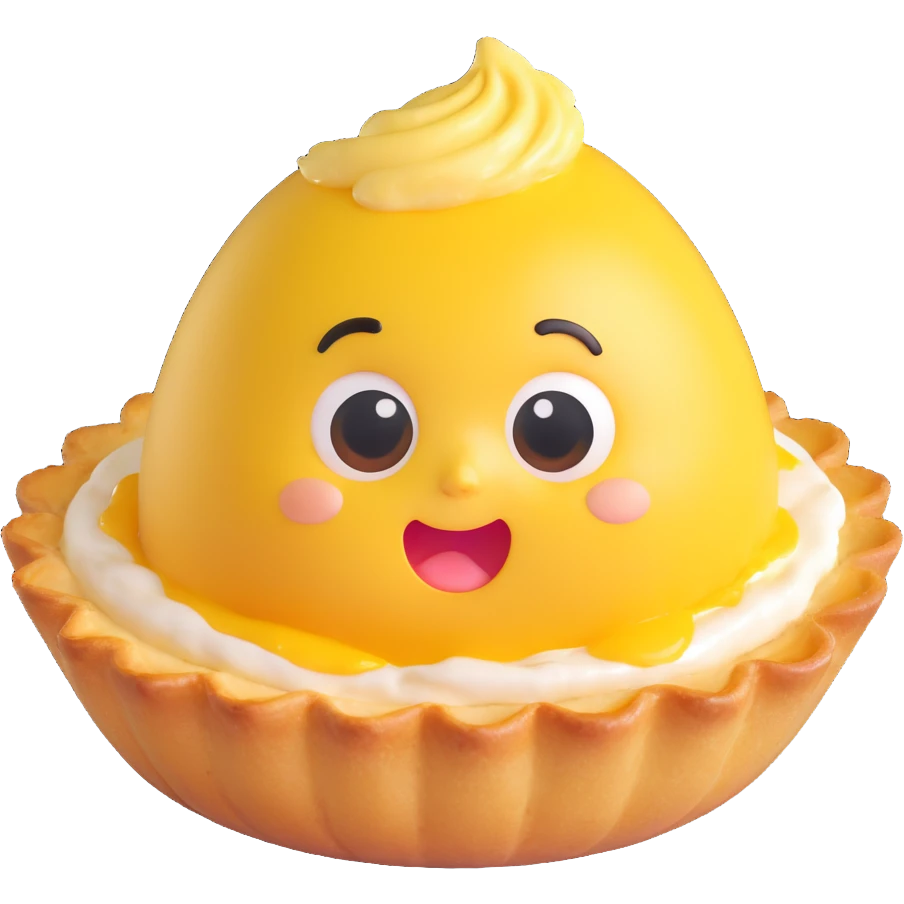 cute 3D egg tart with golden shell, jiggly custard face, big watery eyes, expressive mouth, pastel colors, chubby cheeks, exaggerated emotion, soft lighting, glossy look, kawaii style emoji
