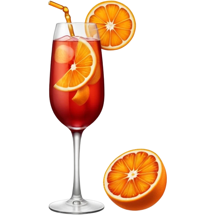A tall elegant wine glass filled with bright red Campari spritz, with bubbles, an orange slice, and a curled orange peel garnish. emoji
