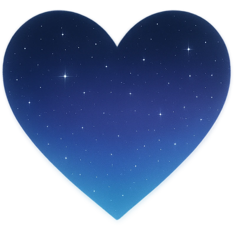heart with a night sky gradient, subtle stars, and a soft glow emoji