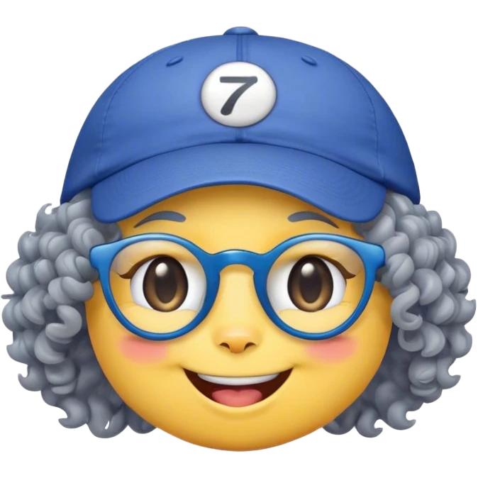 yellow female smiley face emoji, big smile, winking, wearing a backwards blue ball cap, grey curly hair, cat eye glasses, no eye colo emoji