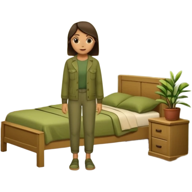 Organizing bedroom with olive green walls, wood bed, plants around, and wood closet emoji