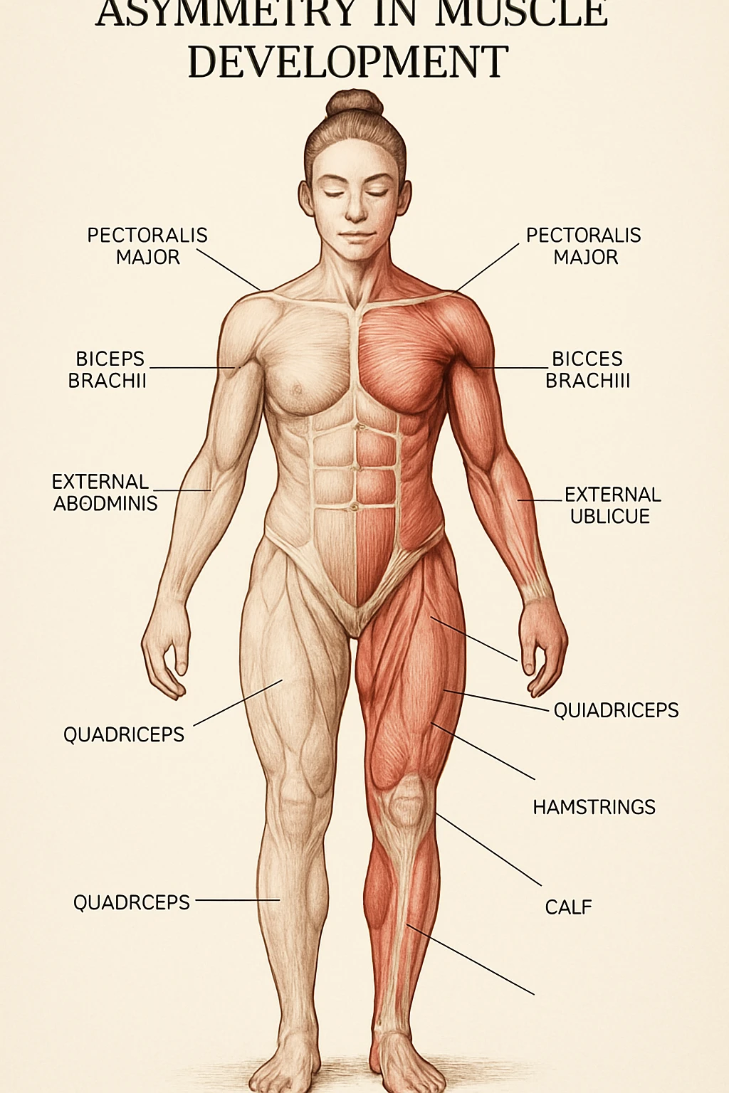 Anatomical style illustration showing a human body with muscles less developed on one side due to asymmetries, highlighting the muscular difference between the two sides, variant 7. emoji