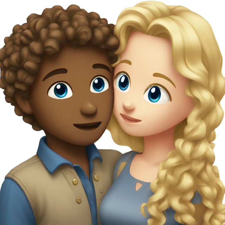 Boy with brown curly hair and blue eyes kissing blond girl  emoji