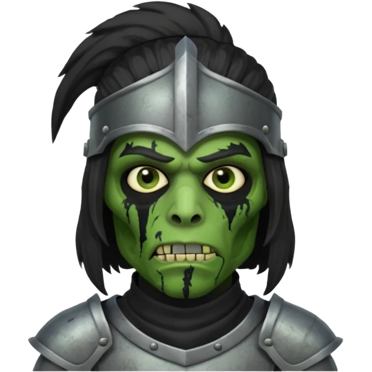 A black male with long black rough hair wearing a knight helmet with green zombie skin  emoji