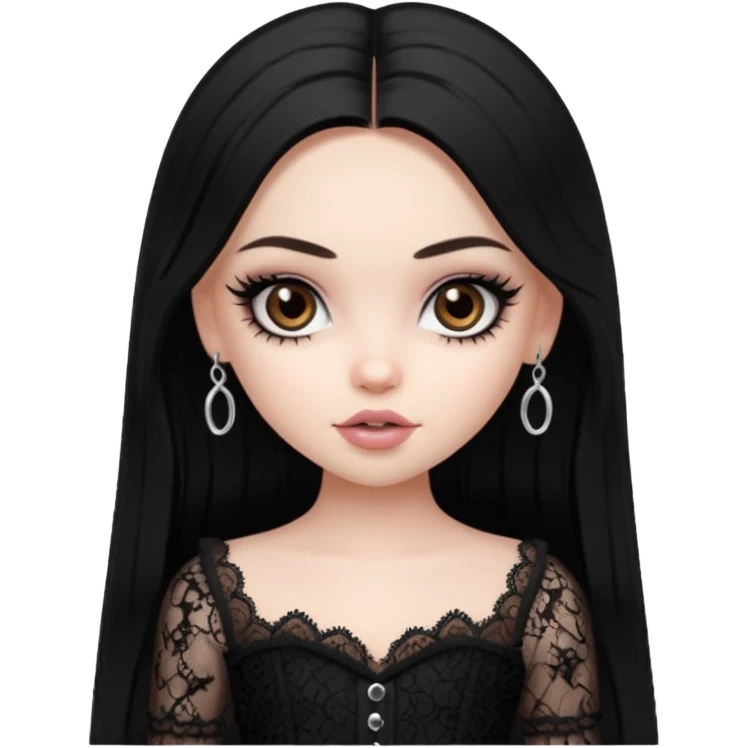 pale skin, girly bratz baddie, beautiful dark brown eyes, pretty makeup, long dark black straight hair, girly lace clothes emoji