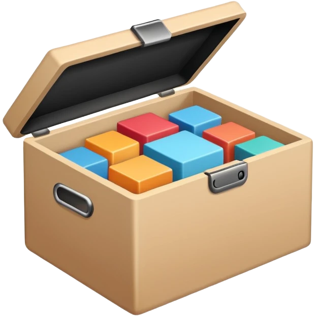 Minimalistic flat vector icon, iOS style, thin black contour on white background. Open box with neatly arranged objects inside. No text, no shadows.
 emoji