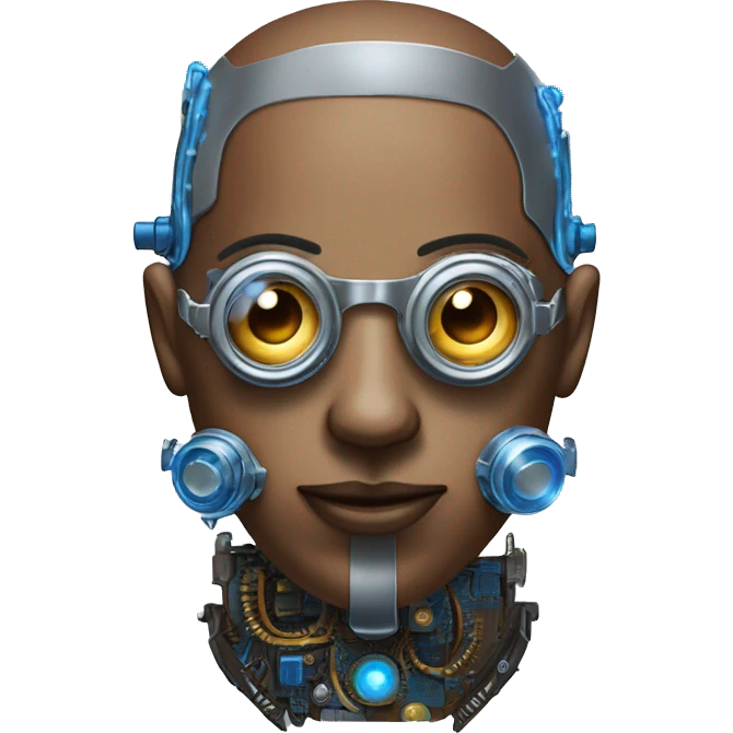 Brown shaved cyborg head with blue beard, silver steampunk monocle goggles and circuits emoji