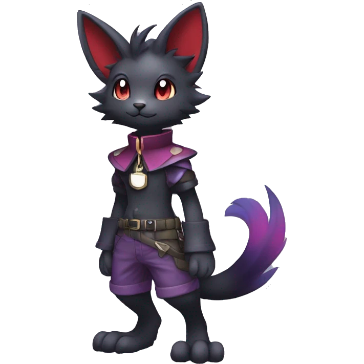cool edgy anthro kawaii black purple red ethereal fantasy beautiful elegant nargacuga-Noivern-cat-Fakemon wearing a collar, cargo pants, full body emoji