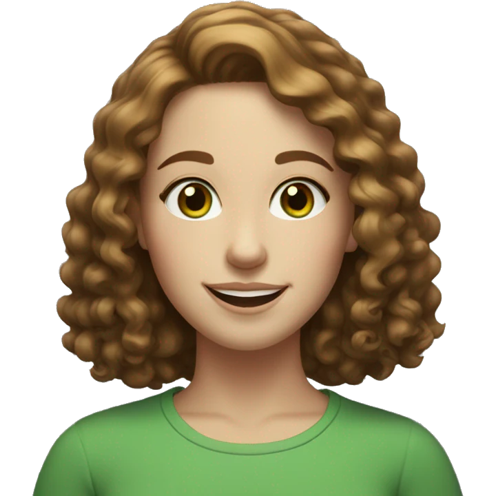 pale young woman with neck length brown curly hair, green eyes, and freckles smiling emoji