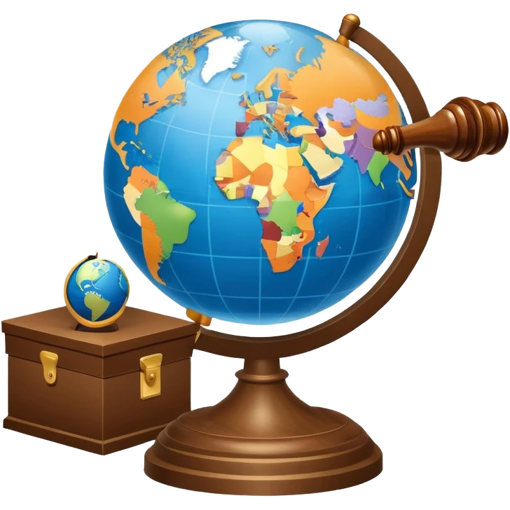 An icon featuring a globe with a gavel and a political map, symbolizing political science. The design includes a ballot box and a podium, representing democracy and governance. Transparent background highlights the study of political systems and global relations. emoji