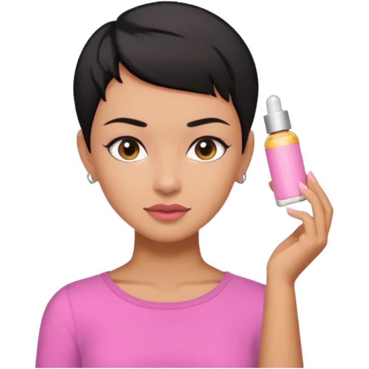 tan girl pink shirt with black hair & a pixie, cut no earrings, doing skin care emoji