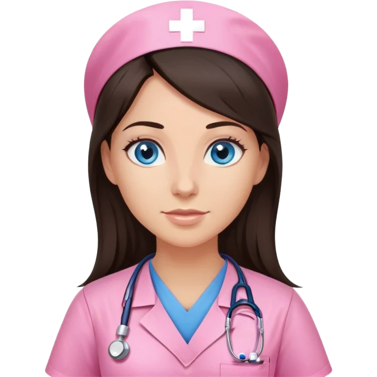 Female nurse, Very long dark brunette hair, blue eyes,medium skin- tone, skin, pink scrubs, without hat emoji