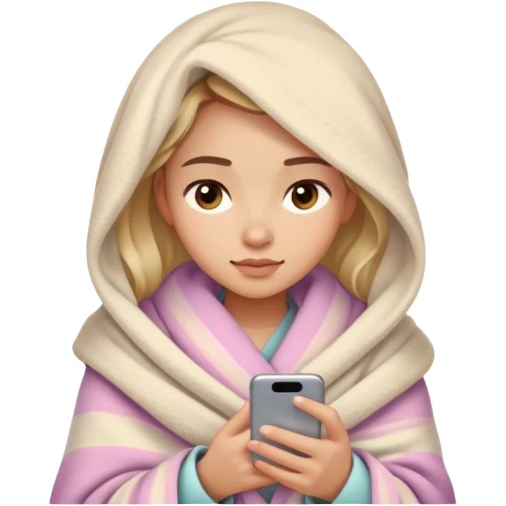 Create an emoji in Apple's iOS emoji style: a young woman wrapped in a cozy blanket, comfortably holding and looking at her smartphone. She has a neutral, relaxed expression, soft facial features, and minimalistic shading typical for Apple emojis. Colors are warm, pastel, and soothing.
 emoji