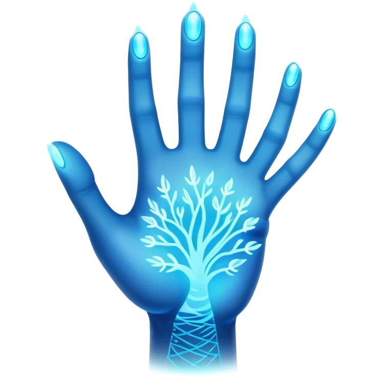 ethereal glowing hand with intricate palm lines and mystical symbols emoji