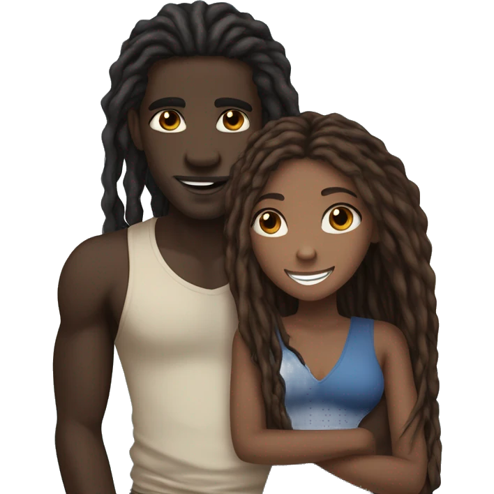 darkskin male with long dreads and blue eyes hugging a light brownskin woman with long dark brown hair and a nice smile emoji