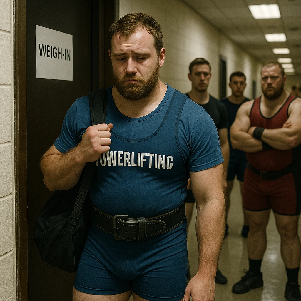 realistic European powerlifter in competition clothing, leaving weigh-in room with bag on shoulder, sad look, other athletes watching, atmosphere of exclusion, detailed, corridor or competition area background emoji