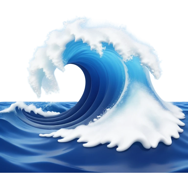 3D render of Tsunami, miniature weather phenomenon, volumetric particle effects, giant curling wave of deep blue water with white foam, emoji style, isolated on white background --v 6.0. emoji