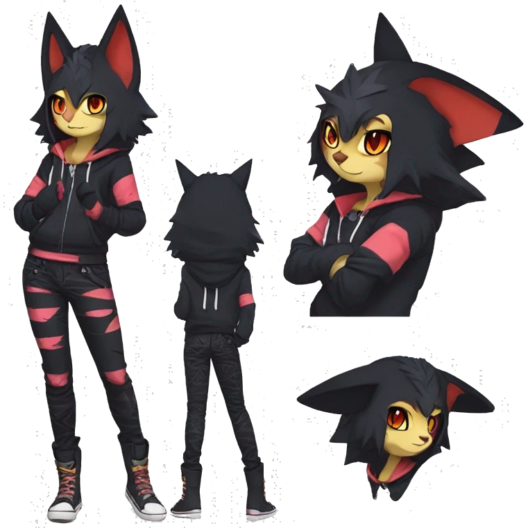 Cool Anthro Black Noibat-Quilava-Litten-Pokémon with edgy stripes hoodie spiked collar punk Full Body emoji