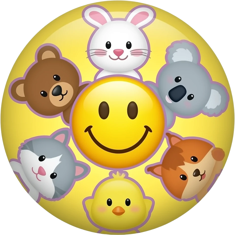 Samw as this design, Yellow Smiley in the centre,with space to write around the smiley, circle form ,serrounded by the head only of these symbol 🐻🐰🐨🐈🐹🐿🐥 Small size. Bright yellow background instead of red, 2 lighter purple outlines emoji