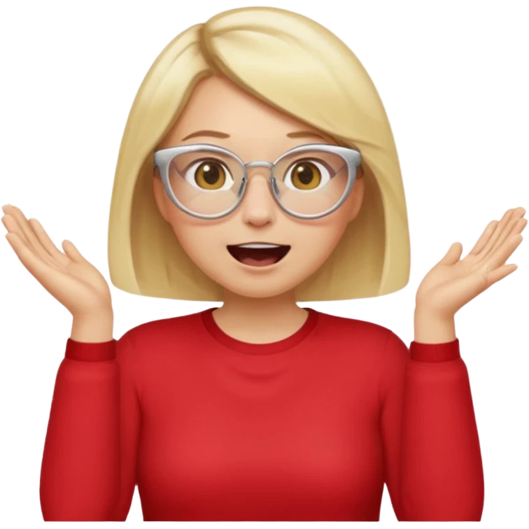 emoji style, waist-up woman with light skin, blonde bob hair, white cat-eye glasses, red shirt, both hands cupped around her mouth, shouting with joy on simple light background emoji