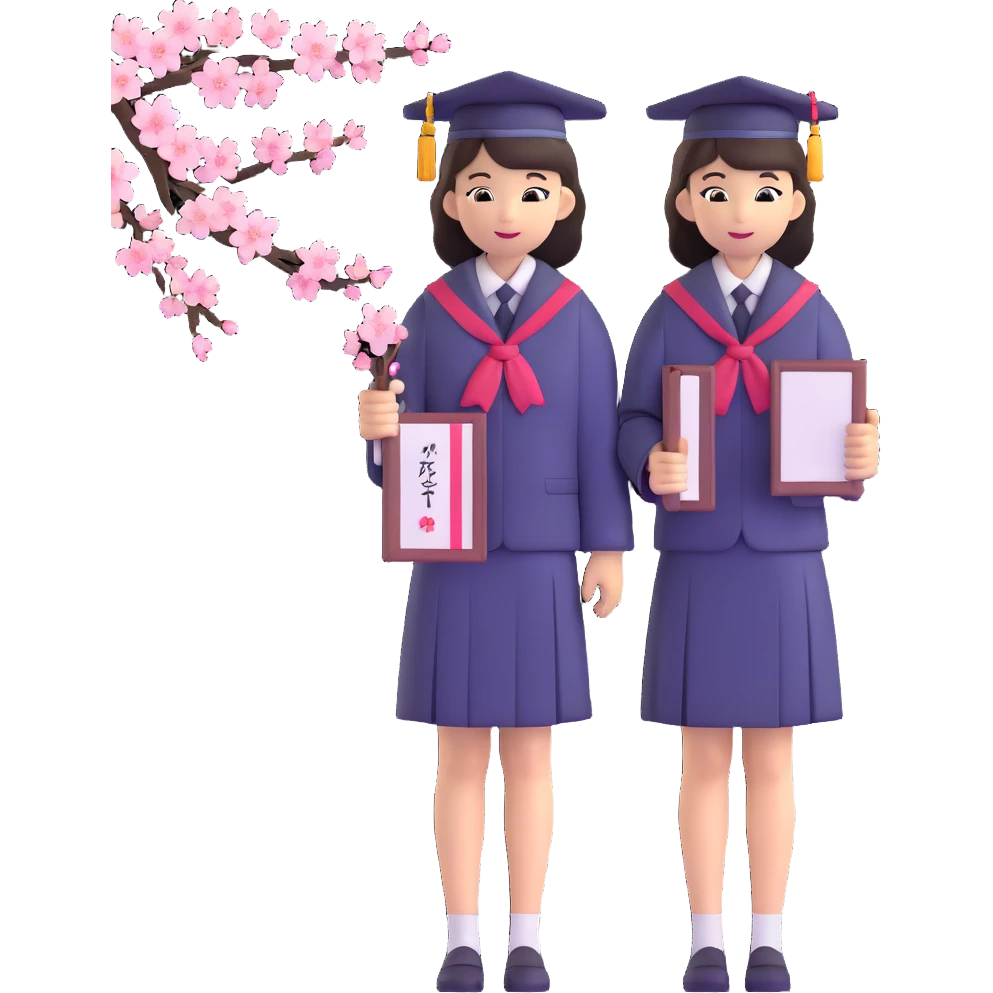 Japanese female high school graduate in school uniform with cherry blossoms and diploma emoji