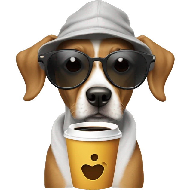 Dog sippingba coffee wearing hat hoodie and sunglasses with long ears emoji