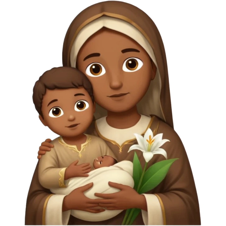 Santo Antônio with brown tunic, holding Baby Jesus and a white lily, serene and friendly expression emoji