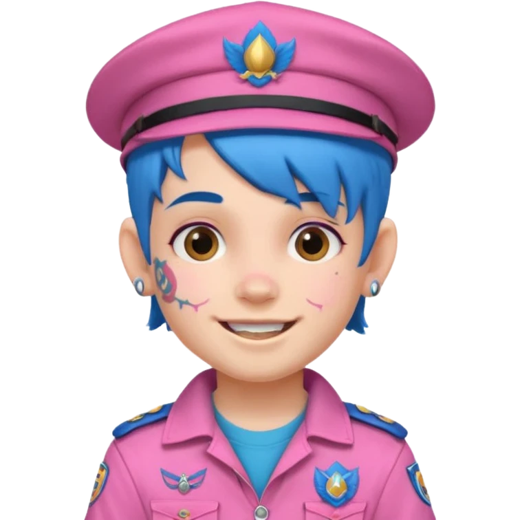 scout boy with very pink scout uniform, blue haired and hat, heavy face tattoed emoji