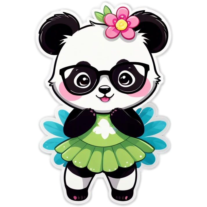 Cute female Panda wearing a tutu and glasses with a flower above 1 ear emoji
