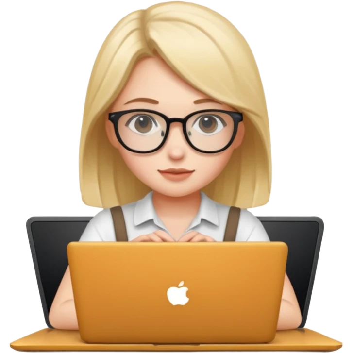 노트북 앞에 앉아있는 귀여운 여자 개발자 스타일로.  emoji