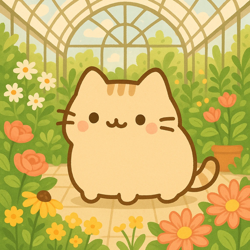 beige blonde kawaii pusheen-style kitten in a botanical garden greenhouse filled with flowers emoji