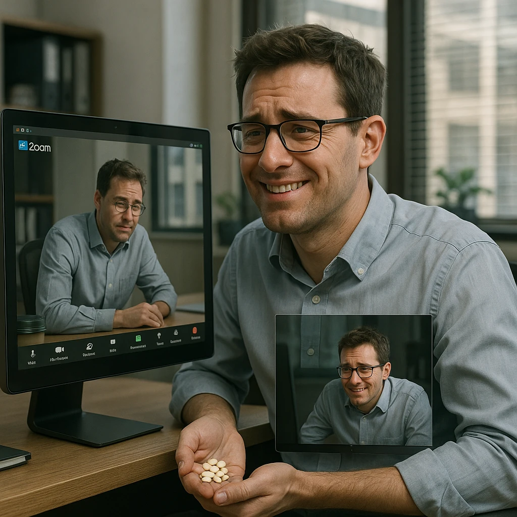 Man in his mid-30s on a work Zoom call, pretending to smile, hidden hand clutching caffeine pills under the desk, screen reflection shows collapsed posture while virtual avatar is upright and energetic, hyperrealistic 4K, office environment, subtle tension emoji