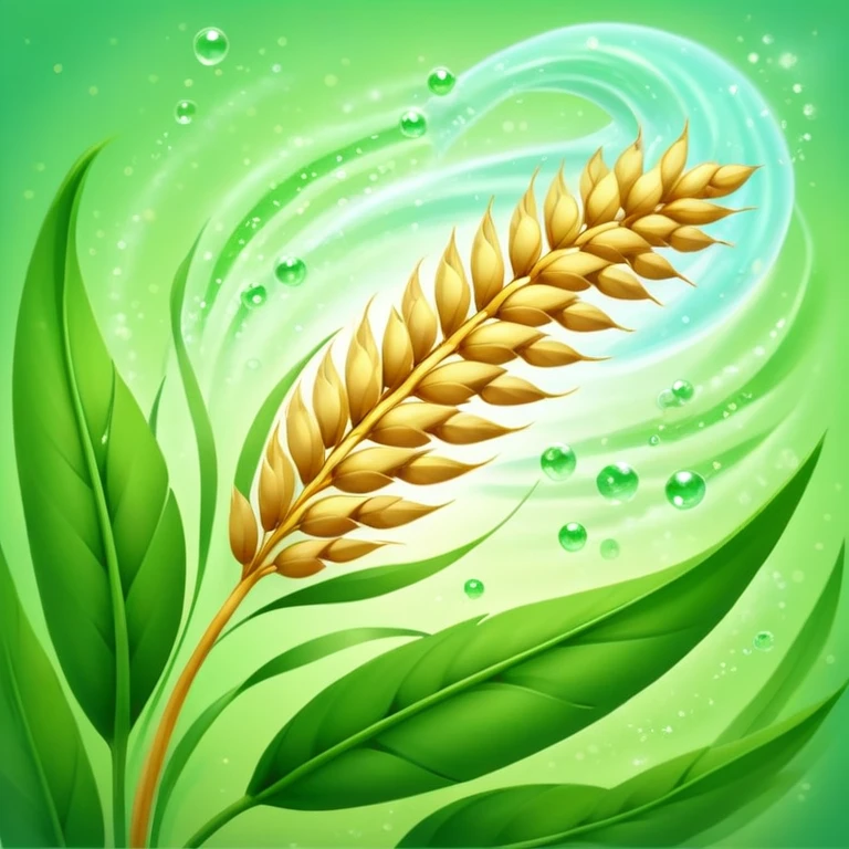 Golden wheat ear floating among green leaves and bright particles, spinning around an ethereal digestive system with soft light texture, while subtle cleansing waves pass through the air like a purifying spell emoji