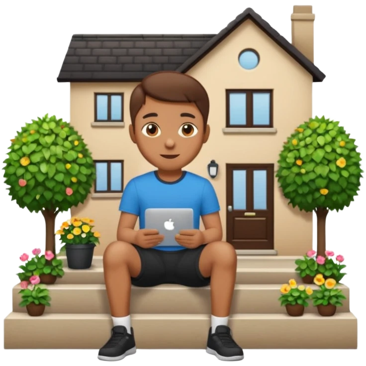 a home which has garden like and the home has slack emoji, where on the house steps, a blob chratcter holding black mac should sit and should look like wiork emoji