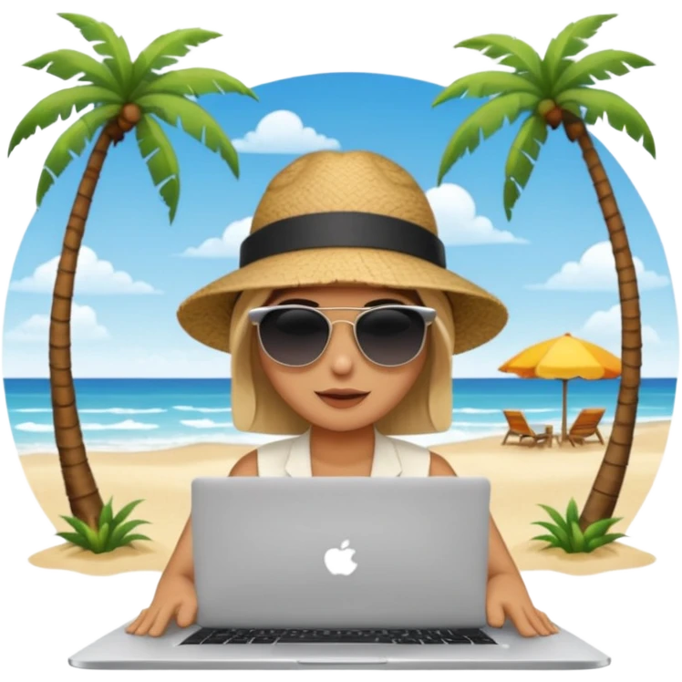  An open laptop on the beach. bildschirm ist schwarz und im hintergrund sind palmen, meer emoji