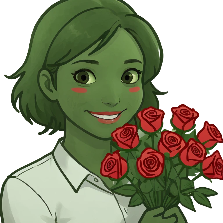male memoji, handsome man in white shirt, holding a big bouquet of red roses, gentle smile, soft romantic eyes emoji