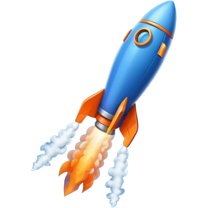 Ракета в сине-оранжевых цветах, взлетающая вверх, оставляющая за собой красивый след из облачков дыма. Символ быстрого прогресса emoji